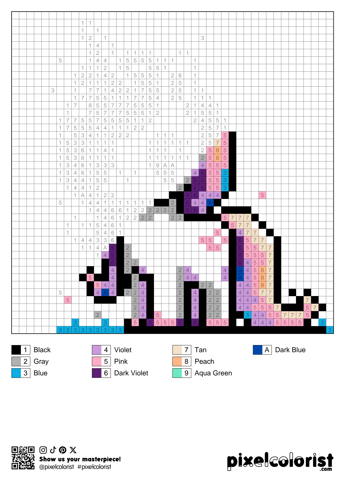 Mini unicorn free Color by Number for adults PDF page