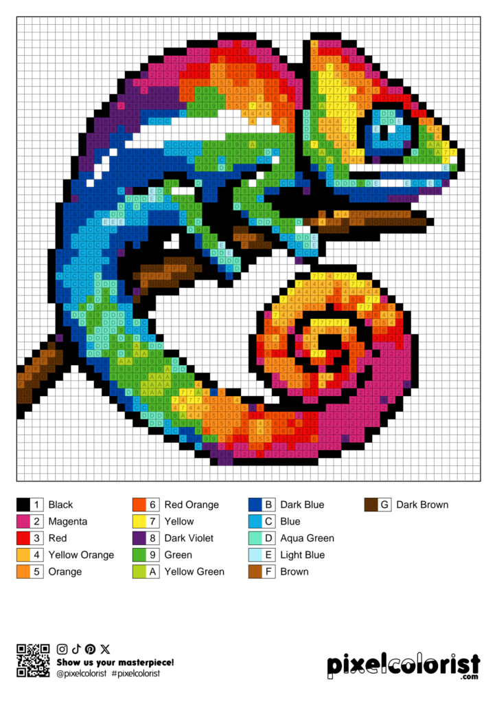 Rainbow Chameleon Pixel Color by Number for Adults - Pixelcolorist