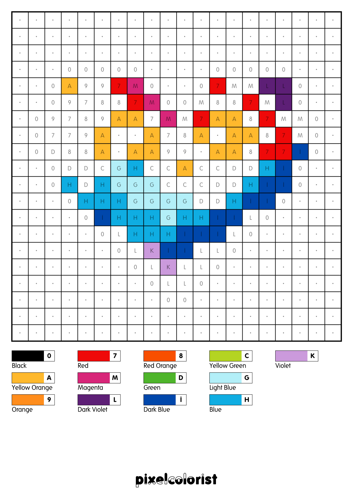 Rainbow Heart free Color by Number for adults PDF page
