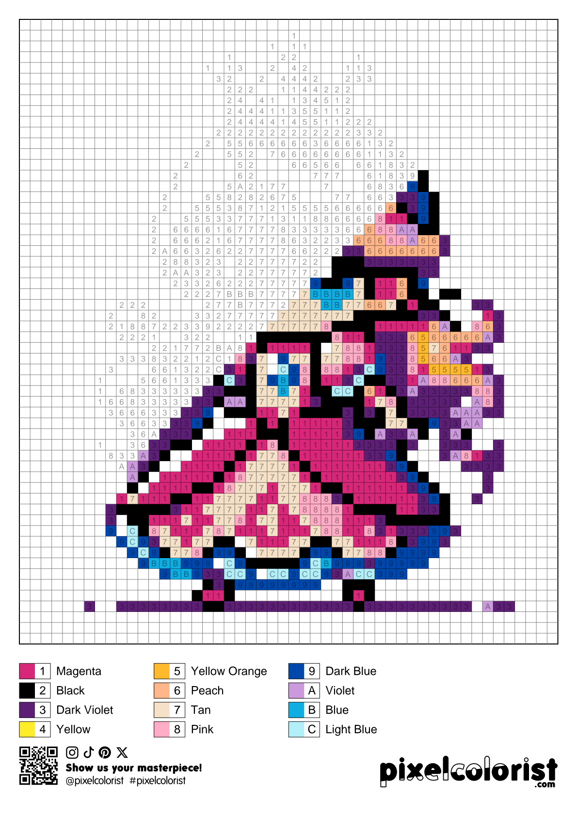 Princess free Color by Number for adults PDF page