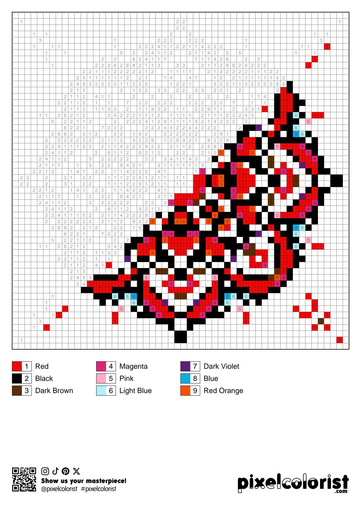 Red Mandala free Color by Number for adults PDF page